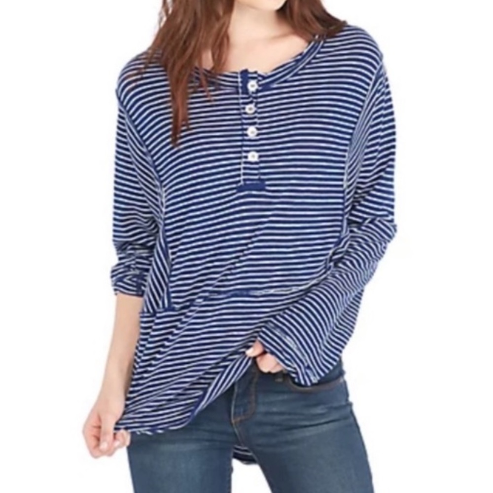 We the Free Hong Kong Henley blue/white stripe - Picture 1 of 5
